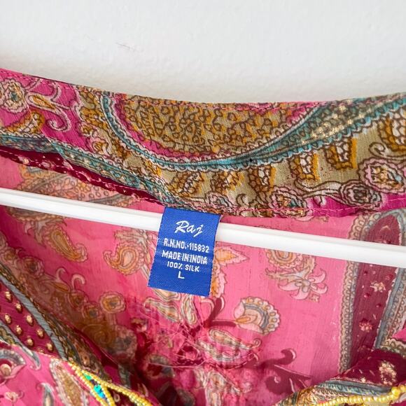 Raj 100% Silk Boho Paisley Tunic Top Beaded Pink Sheer Festival Kaftan Cover Up - Picture 5 of 10